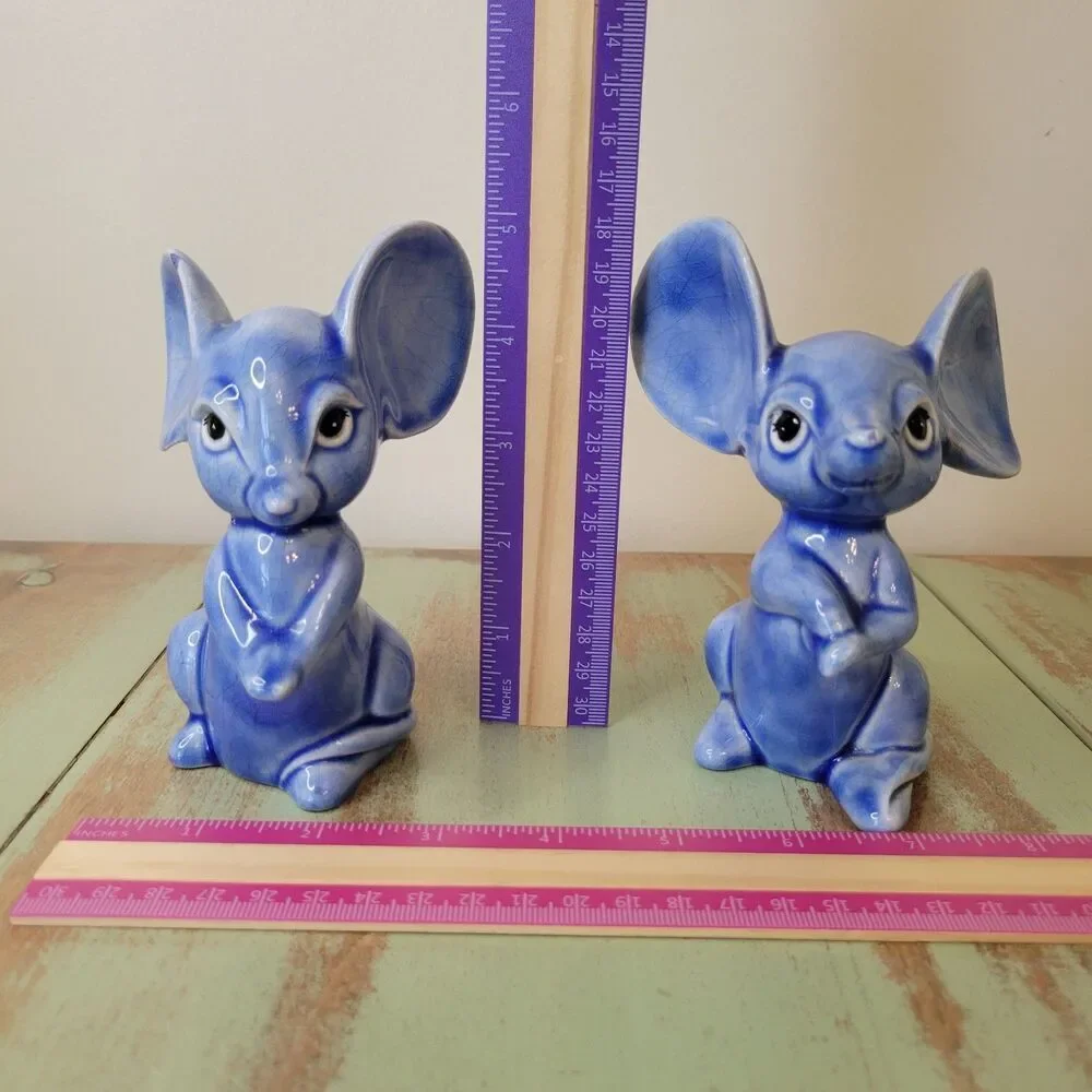 Blue Mouse Ceramic Figurine Pair